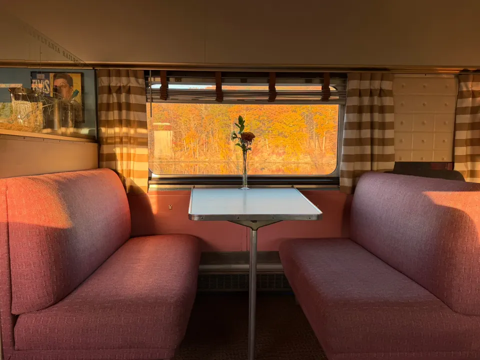 Pink booth seats and a table with a single flower, autumn trees outside the window
